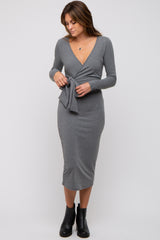 Grey Ribbed Long Sleeve Wrap Dress