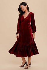 Burgundy V-Neck Ruffle Hem Velvet Midi Dress