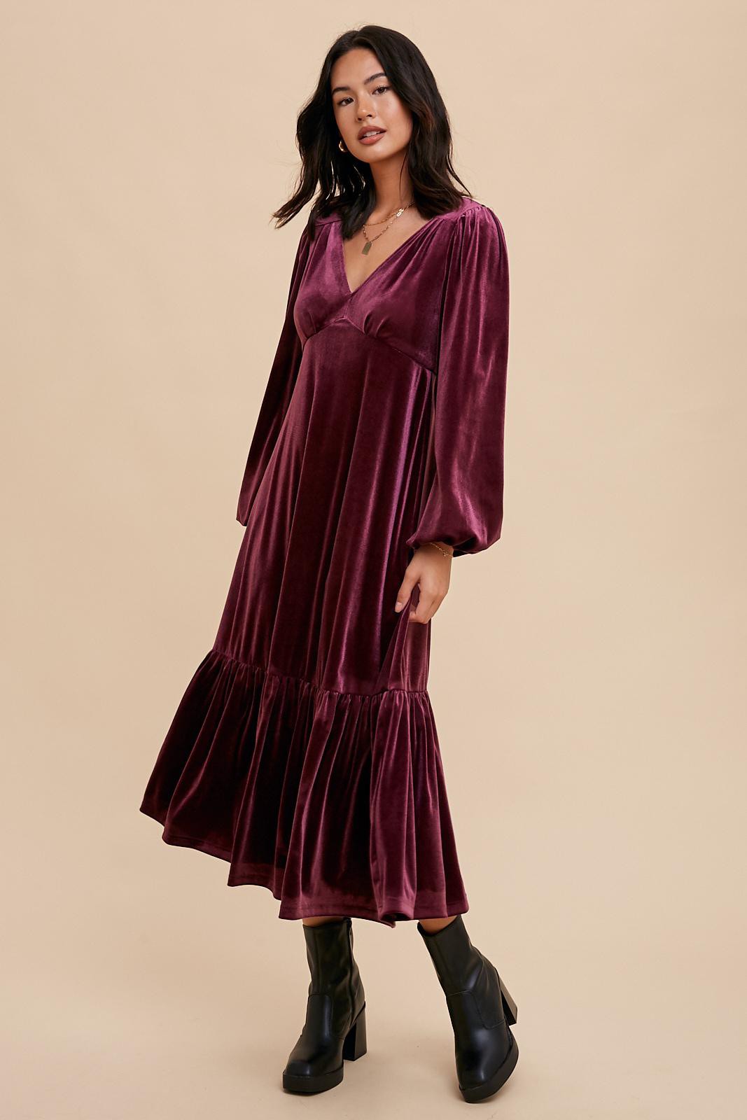 Magenta V-Neck Ruffle Hem Velvet Midi Dress