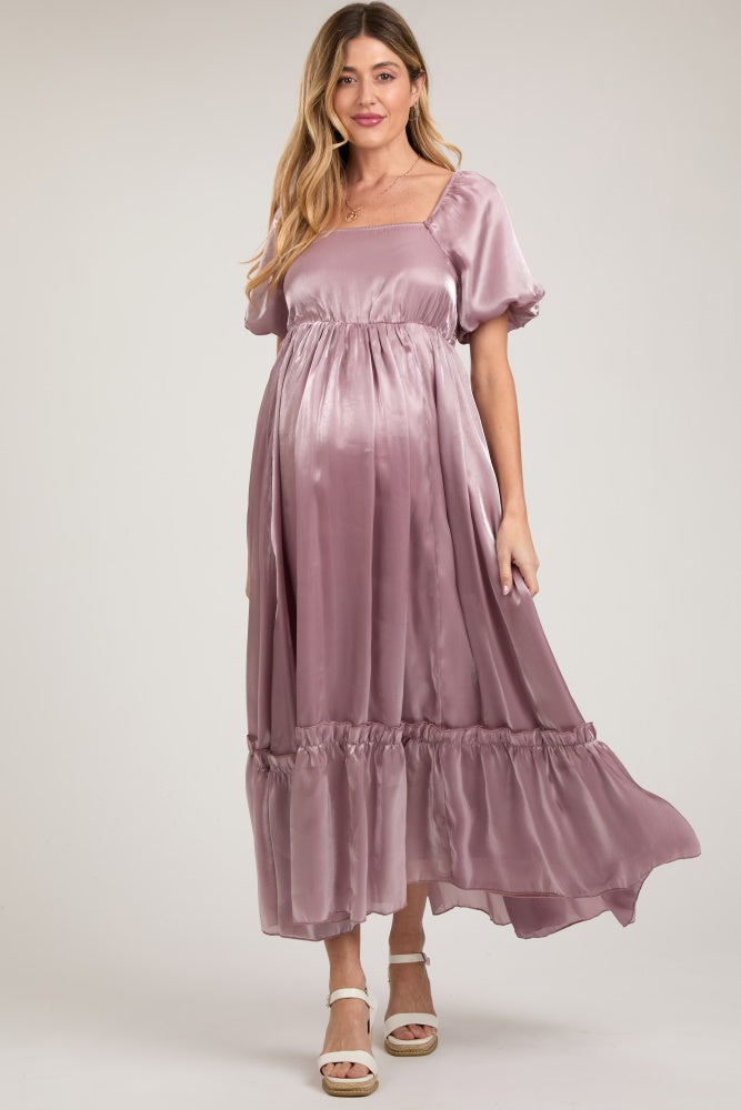 Mauve Satin Square Neck Short Puff Sleeve Maternity Maxi Dress