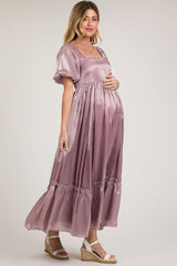 Mauve Satin Square Neck Short Puff Sleeve Maternity Maxi Dress