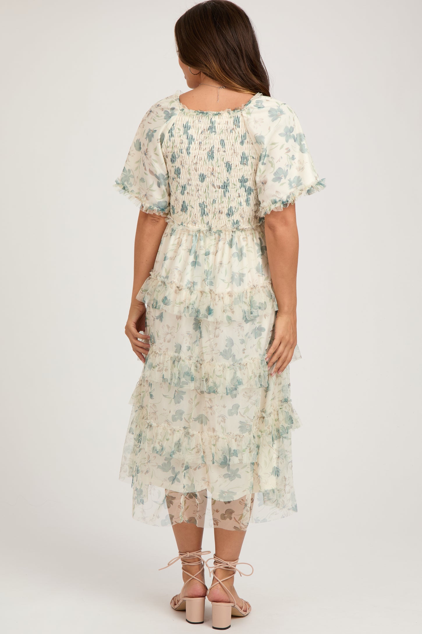 Cream Floral Tulle Smocked Ruffle Tiered Maternity Midi Dress