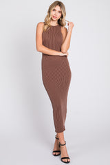 Brown Ribbed Fitted Midi Dress