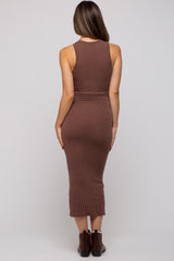 Brown Ribbed Maternity Fitted Midi Dress