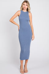 Blue Ribbed Fitted Midi Dress
