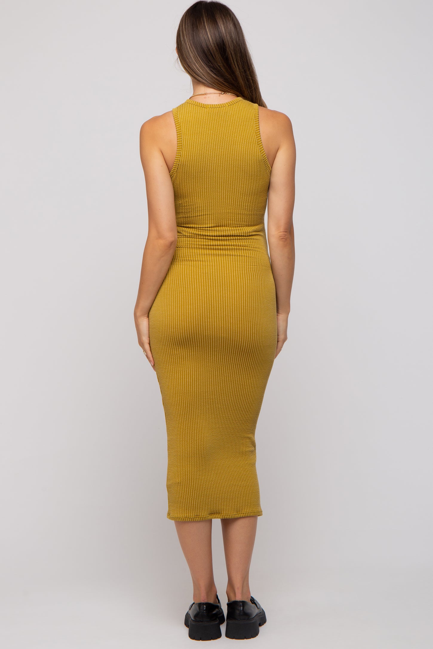 Mustard Ribbed Maternity Fitted Midi Dress