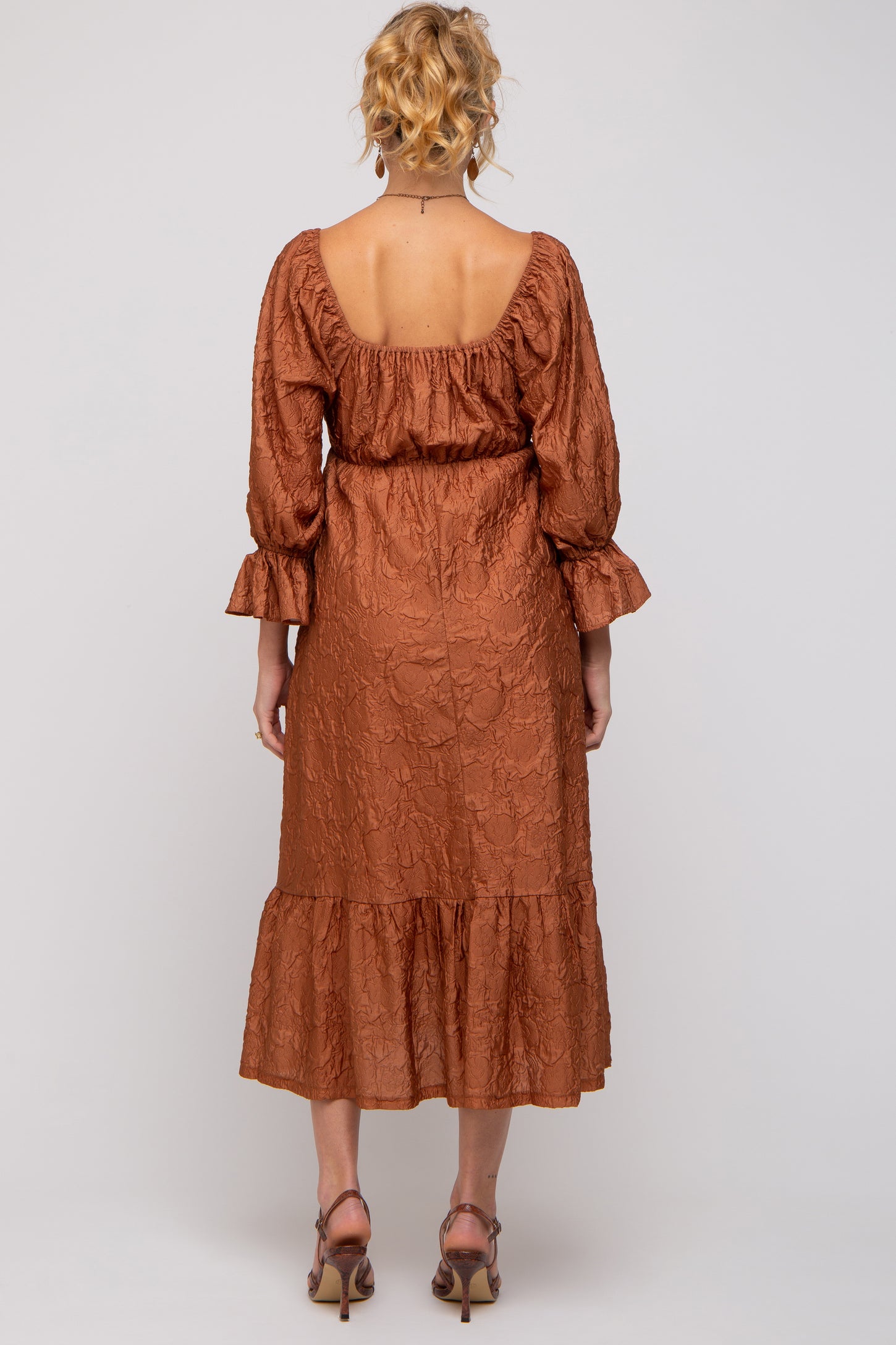 Rust Metallic Jacquard Floral Maternity Midi Dress