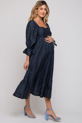 Navy Blue Metallic Jacquard Floral Maternity Midi Dress