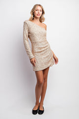 Rose Gold One Shoulder Sequin Mini Dress