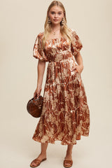 Brown Floral Print Puff Sleeve Silky Satin Midi Dress