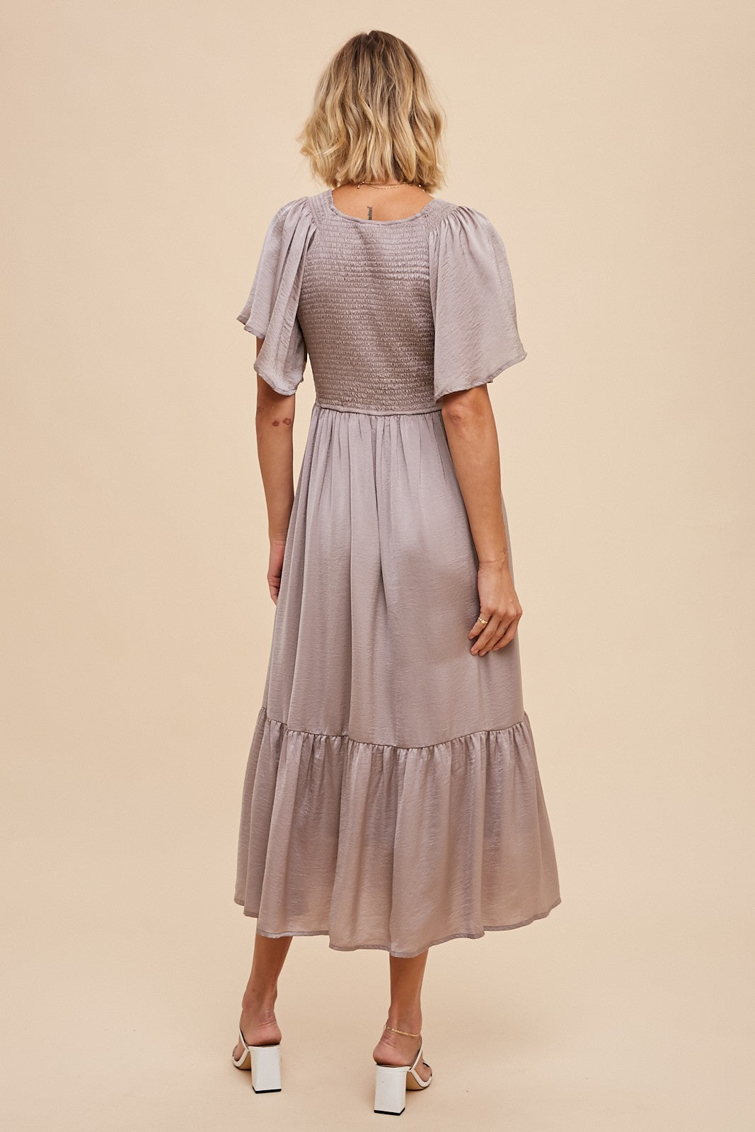 Taupe Satin Smocked Midi Dress