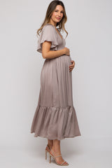 Taupe Satin Smocked Maternity Midi Dress