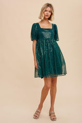 Forest Green Sequin Pearl Embellished Square Neck Babydoll Dress