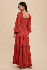 Rust Swiss Dot Ruffle Accent Tiered Maxi Dress