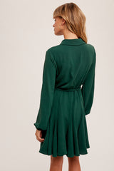 Green Woven Flounced Hem Belted Shirt Dress