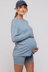 Blue Ribbed Long Sleeve Maternity Shorts Set