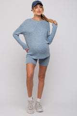 Blue Ribbed Long Sleeve Maternity Shorts Set