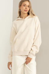 Cream Front Pocket Hooded Fleece Sweatshirt