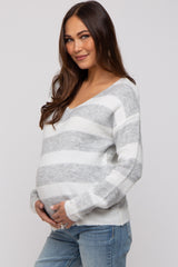 Grey Striped V-Neck Maternity Sweater