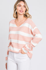Salmon Striped V-Neck Sweater