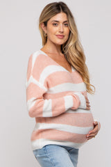 Salmon Striped V-Neck Maternity Sweater