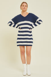 Navy Striped V-Neck Sweater Dress
