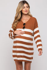Camel Striped V-Neck Maternity Sweater Dress