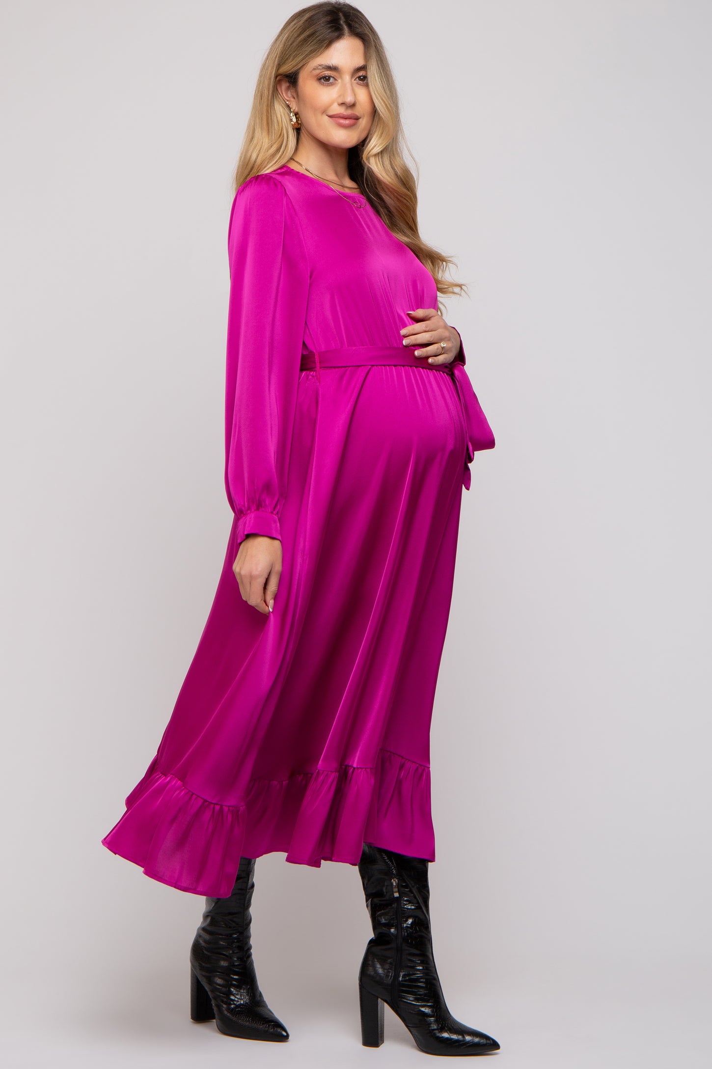 Magenta Satin Belted Waist Maternity Midi Dress