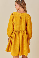 Mustard Corduroy Babydoll Ruffle Detail Mini Dress