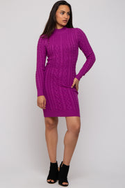 Magenta Cable Knit Mock Neck Long Sleeve Sweater Dress