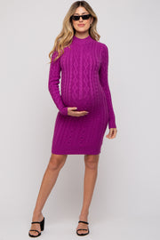 Magenta Cable Knit Mock Neck Long Sleeve Maternity Sweater Dress