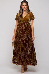 Camel Floral Burnout Velvet Maternity Maxi Dress