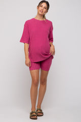 Fuchsia Ribbed Soft Short Sleeve Maternity Shorts Set