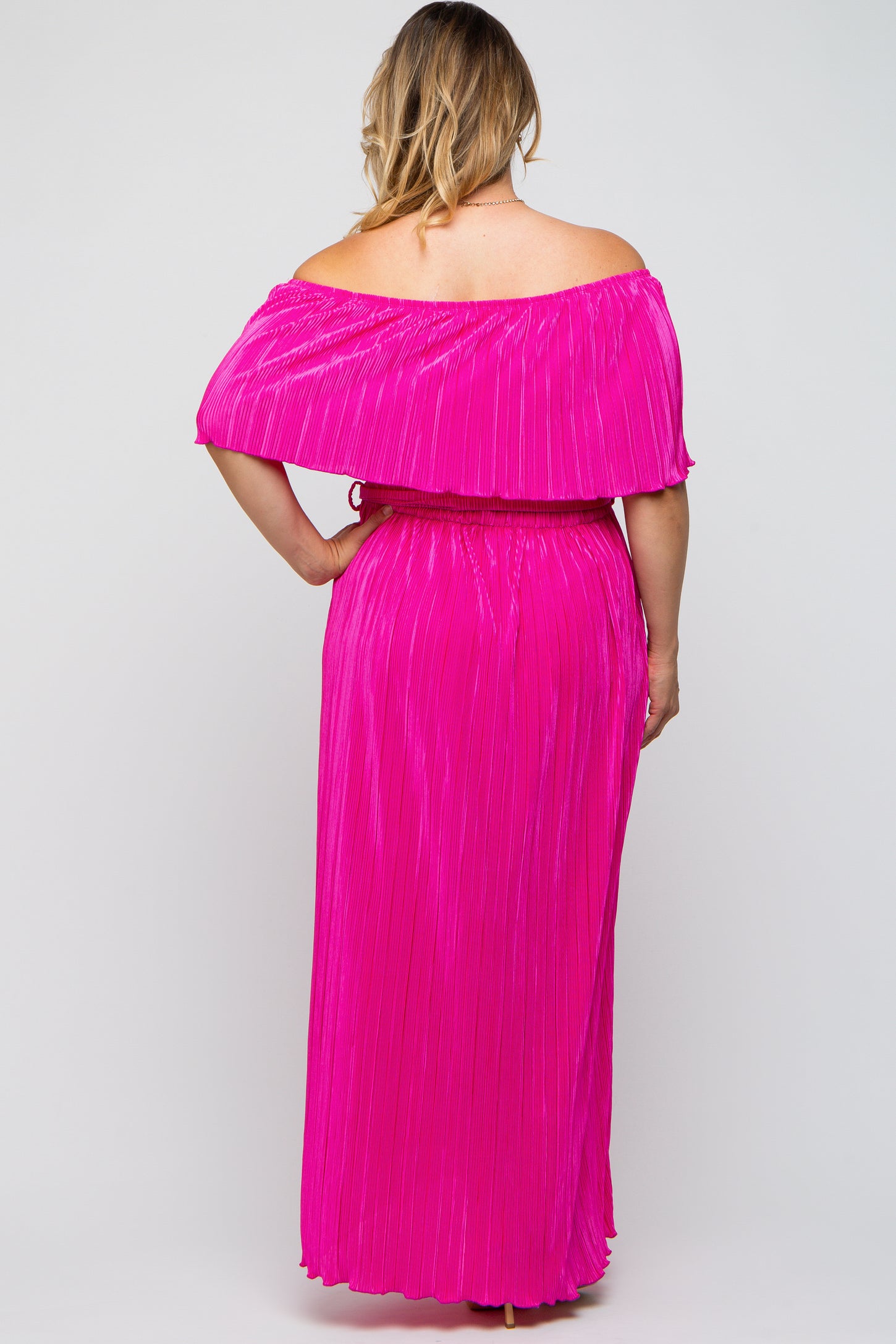 Fuchsia Plisse Off Shoulder Maternity Plus Maxi Dress