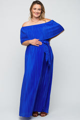Royal Blue Plisse Off Shoulder Maternity Plus Maxi Dress
