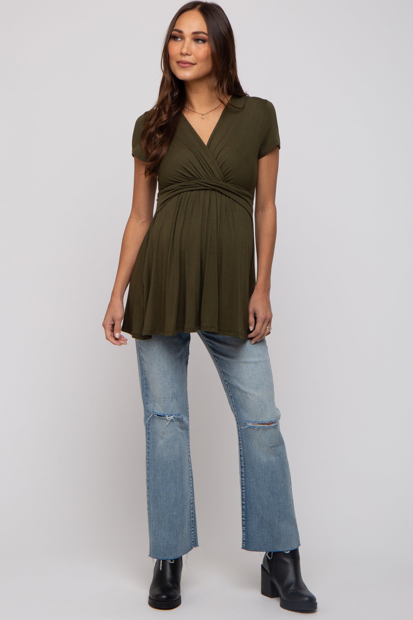 PinkBlush Olive Draped Front Maternity Nursing Top