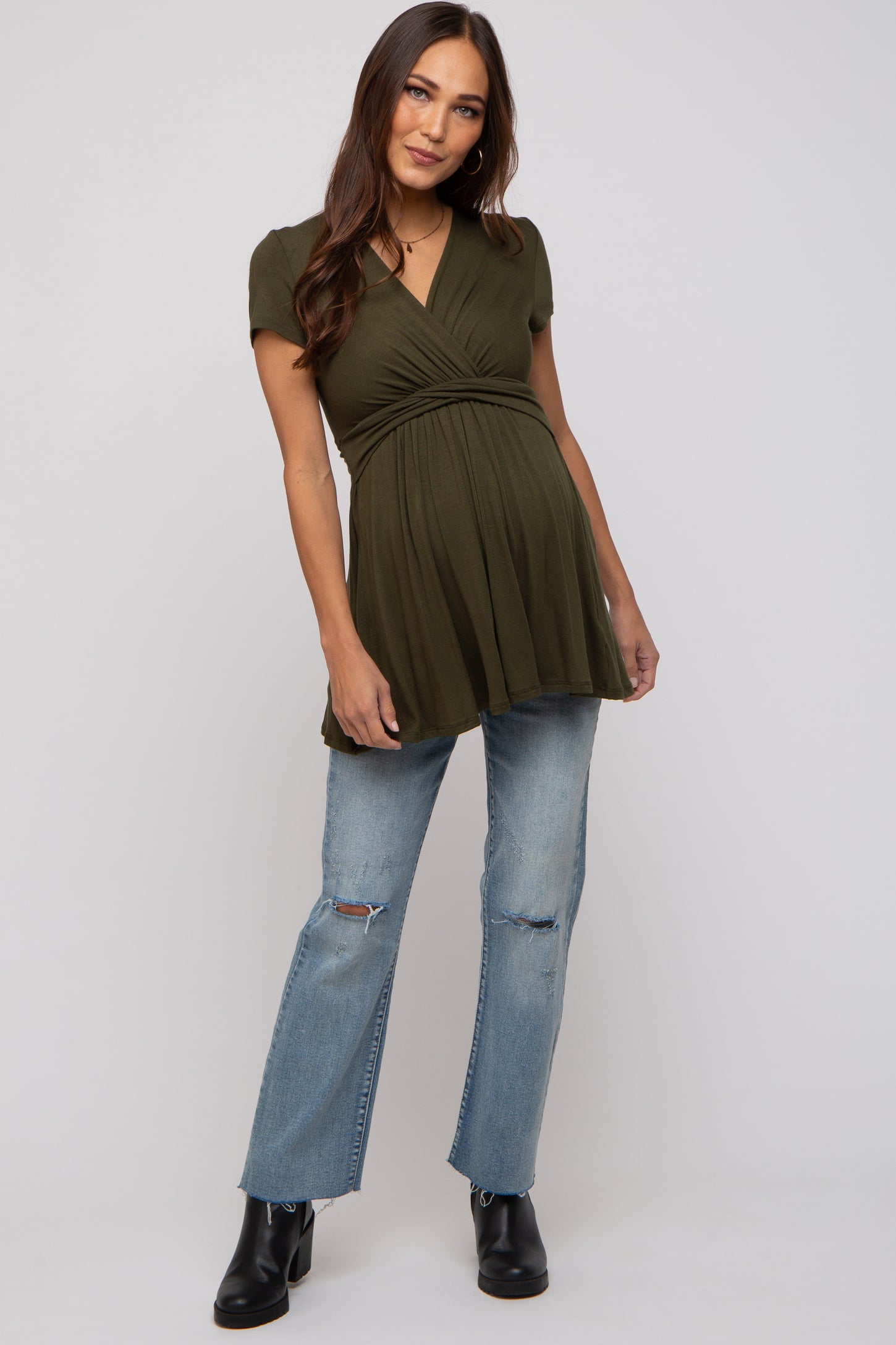 PinkBlush Olive Draped Front Maternity Nursing Top