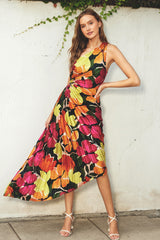 Fuchsia Floral Satin Pleated One Shoulder Asymmetrical Midi Dress
