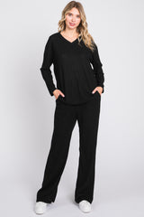 Black Ribbed Soft Knit Long Sleeve Pajama Set