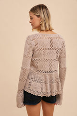 Almond Pointelle Knit Peplum Sweater