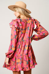 Brown Fuchsia Long Sleeve Floral Shoulder Ruffle Dress