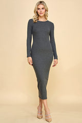 Charcoal Ribbed Fitted Long Sleeve Maternity Midi Dress