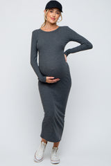 Charcoal Ribbed Fitted Long Sleeve Maternity Midi Dress