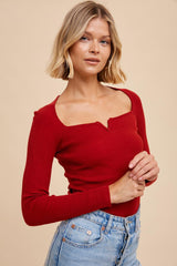 Red Ribbed Knit Notched V Neck Top