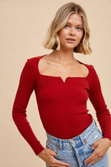 Red Ribbed Knit Notched V Neck Top