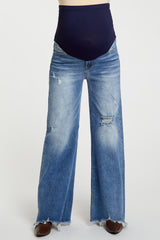 Blue Distressed Hem Relaxed Maternity Jeans