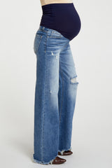 Blue Distressed Hem Relaxed Maternity Jeans