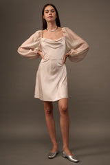 Champagne Solid Cowl Neck Semi Sheer Sleeve Satin Mini Dress