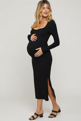 Black Ribbed Side Slit Maternity Midi Dress