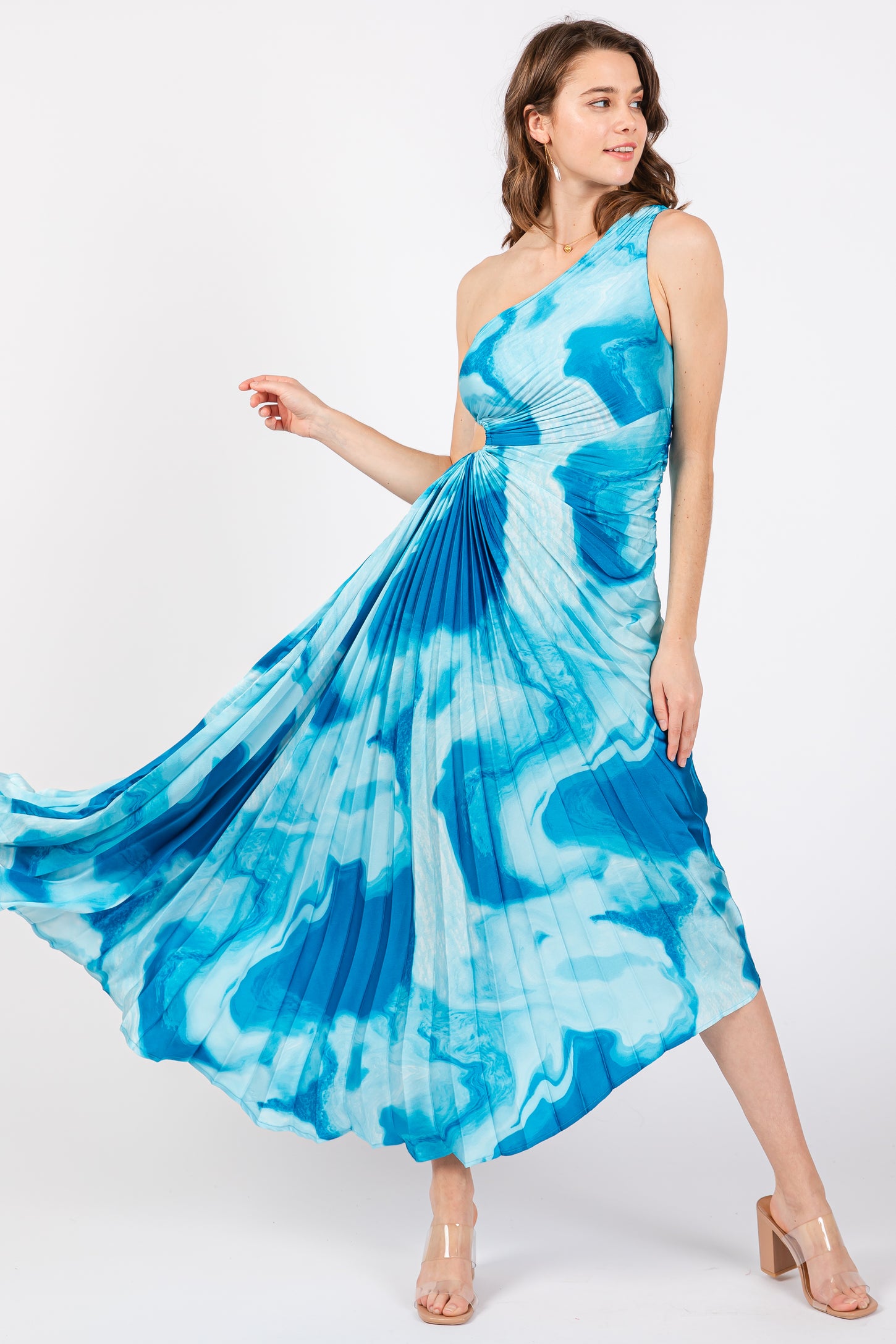 Blue Watercolor Satin Pleated One-Shoulder Asymmetrical Maternity Midi Dress